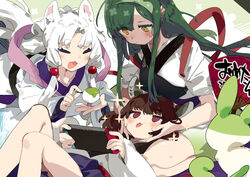  3girls :d animal_ear_fluff animal_ears bad_id bad_pixiv_id blue_skirt brown_eyes brown_hair closed_eyes closed_mouth commentary feeding feet_out_of_frame food green_hair green_hairband hairband handheld_game_console holding holding_food holding_handheld_game_console japanese_clothes karei kimono knees_up lap_pillow long_hair long_sleeves looking_at_another lying multiple_girls muneate nhk_(voiceroid) nintendo_switch on_back parted_bangs pleated_skirt purple_eyes siblings sisters skirt smile touhoku_itako touhoku_kiritan touhoku_zunko translated twintails very_long_hair voiceroid white_hair white_kimono zunda_mochi zundamon 