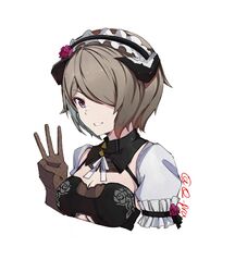  breasts brown_hair cleavage female grin hair_over_one_eye honkai_(series) honkai_impact_3rd looking_at_viewer maid maid_headdress mole mole_under_eye purple_eyes q-pra rita_rossweisse rita_rossweisse_(umbral_rose) short_hair simple_background smile solo teeth white_background 