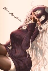  black_sweater blush breasts brown_thighhighs candy chocolate fate/grand_order fate_(series) female food hair_flowing_over headpiece heart heart-shaped_chocolate highres jeanne_d&#039;arc_alter_(avenger)_(fate) jeanne_d&#039;arc_alter_(fate) large_breasts long_hair long_sleeves looking_at_viewer ribbed_sweater ru_251 solo sweater thighhighs thighs turtleneck turtleneck_sweater valentine very_long_hair white_hair yellow_eyes 