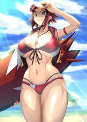  beach between_breasts bikini blue_eyes breasts cloud cloudy_sky code_geass code_geass:_genesic_re;code commentary_request day female highres iwao178 jacket jewelry kouzuki_kallen large_breasts nail_polish navel necklace outdoors red_bikini red_hair red_nails shiny_skin short_hair sky sleeveless sleeveless_jacket smile solo surfboard swimsuit thick_thighs thighs visor_cap water 