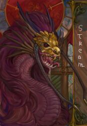  abstract_background ambiguous_gender angry art_nouveau bone classical demon diorionarh dragon fangs feral gold_headwear hair hi_res horn horror_(theme) mythological_creature mythological_scalie mythology ornament painting red_body renaissance scalie skull skull_head solo teeth tongue tongue_out victorian window 