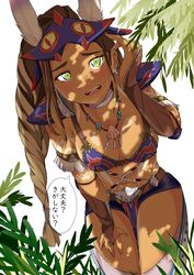  absurdres arm_tattoo armlet bike_shorts braid braided_ponytail bridal_gauntlets female green_eyes highres jewelry jiejeat kayna_(monster_hunter) leaning_forward long_braid mask mask_on_head monster_hunter_(series) monster_hunter_stories_2 neck_ring necklace shell shell_necklace solo speech_bubble stomach_tattoo tan tattoo thighs translation_request tribal tribal_tattoo 