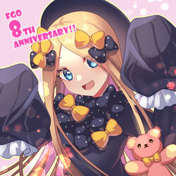  abigail_williams_(fate) anniversary black_bow black_dress black_hat blonde_hair blue_eyes blush bow breasts dress fate/grand_order fate_(series) female forehead hairbow hat highres long_hair long_sleeves looking_at_viewer multiple_hair_bows open_mouth orange_bow parted_bangs ryofuhiko sleeves_past_fingers sleeves_past_wrists small_breasts smile solo stuffed_animal stuffed_toy teddy_bear 