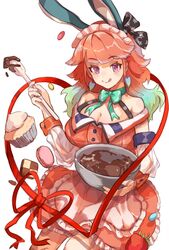  adapted_costume animal_ears apron aqua_bow aqua_hair bird bow bowl bowtie breasts chocolate cleavage cowboy_shot cropped_legs cupcake detached_sleeves earrings eyebrows fake_animal_ears female food heart heart_earrings heart_ribbon highres hololive hololive_english jewelry large_breasts licking_lips long_hair maid_headdress multicolored_hair orange_hair rabbit_ears suna_hika takanashi_kiara takanashi_kiara_(1st_costume) tongue tongue_out valentine virtual_youtuber white_background 