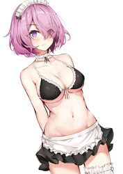  alternate_costume apron arms_behind_back bare_arms bare_shoulders bikini bikini_skirt black_bikini blush breasts bridal_garter chinese_commentary collarbone commentary cowboy_shot eyes_visible_through_hair fate/grand_order fate_(series) female frown hair_over_one_eye kinyoubi_no_nangong_da looking_at_viewer maid maid_bikini maid_headdress mash_kyrielight navel photoshop_(medium) purple_eyes purple_hair short_hair simple_background solo swimsuit unconventional_maid waist_apron white_apron white_background 