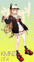  :d absurdres bad_id bad_pixiv_id baseball_cap blonde_hair blue_eyes character_name choker commentary_request dog_tail eggplus female full_body hat hat_with_ears highres hood hood_down hoodie jacket kmnz long_hair long_sleeves looking_at_viewer mc_lita no_pants open_mouth paw_print polka_dot polka_dot_background red_footwear red_nails smile solo spray_can tail virtual_youtuber 