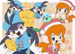  1boy :d arm_up artist_name blue_eyes blue_headwear blush_stickers bracelet brooch brown_eyes clenched_hands closed_eyes commentary_request crown female finger_to_mouth frown furry furry_male gloves hat huepow jewelry kaze_no_klonoa klonoa koke_ojisan lolo_(klonoa) long_hair md5_mismatch open_mouth orange_hair pink_headwear self-upload short_sleeves sidelocks smile sweatdrop tears yellow_gloves zipper_pull_tab 