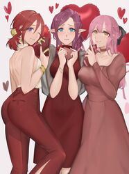  3girls absurdres ass backless_shirt balloon black_bow blue_eyes bow box breasts brown_eyes collarbone dress hairbow halter_shirt halterneck heart heart-shaped_box heart_balloon highres holding holding_box juliet_sleeves kabu_(kaopako_) kaname_buccaneer long_hair long_pointy_ears long_sleeves looking_at_viewer macross macross_delta makina_nakajima medium_breasts medium_hair mirage_farina_jenius multiple_girls one_eye_closed pants pink_hair pointy_ears puffy_sleeves purple_eyes purple_hair red_dress red_hair red_pants shirt shirt_tucked_in smile straight-on valentine white_shirt 