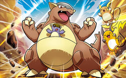  :d ^_^ alolan_and_normal alolan_raichu blue_sky brown_eyes claws closed_eyes creature day facing_viewer full_body gen_1_pokemon gen_7_pokemon happy jumping kangaskhan legs_apart looking_at_viewer no_humans official_art open_mouth outdoors pokemon pokemon_(creature) pokemon_trading_card_game raichu rock sakuma_sanosuke sky smile standing third-party_source 