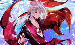  1boy antennae boston_lobster_(food_fantasy) commentary_request fingernails food_fantasy highres lobster_claw male_focus mo_(mocopo) open_clothes open_shirt outstretched_hand red_eyes short_hair smile solo upper_body white_hair 