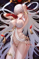  arm_behind_head armlet armpits arms_up bare_shoulders belly_chain blush body_markings bracelet breasts cleavage collarbone colored_skin durga_(fate) earrings fate/grand_order fate_(series) female gradient_skin grey_hair hair_ribbon highres ironatsuki jewelry large_breasts long_hair looking_at_viewer navel parted_lips pelvic_curtain red_eyes red_skin revealing_clothes ribbon sash snake solo thighlet thighs thumb_ring very_long_hair 