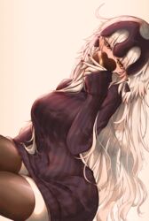  black_sweater blush breasts brown_thighhighs candy chocolate fate/grand_order fate_(series) female food headpiece heart heart-shaped_chocolate highres jeanne_d&#039;arc_alter_(avenger)_(fate) jeanne_d&#039;arc_alter_(fate) large_breasts long_hair long_sleeves looking_at_viewer ribbed_sweater ru_251 solo sweater thighhighs thighs turtleneck turtleneck_sweater valentine very_long_hair white_hair yellow_eyes 