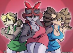  2019 5_fingers accessory anthro big_breasts blonde_hair blue_eyes bow_(feature) bow_accessory bow_ribbon breasts brown_body brown_eyes brown_fur brown_hair cartoon_network cleavage clothed clothing cosplay curvy_figure cynthia_russo domestic_cat dress felid feline felis female fighting_pose fingers fur green_eyes grey_body grey_fur group hair hair_accessory hair_ribbon hairbow heart_background heart_symbol janet_lawrence_(sketchybug) looking_at_viewer mammal pose powerpuff_girls red_hair ribbons simple_background sketchybug tan_body tan_fur trina_park_(sketchybug) voluptuous 