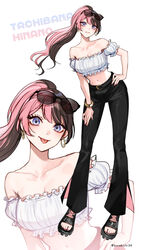  :p bare_shoulders black_hair black_pants blue_eyes blush bracelet breasts character_name contrapposto crop_top detached_sleeves earrings female full_body highres hoop_earrings iris_black_games jewelry kurakichi36 leaning_forward long_hair looking_at_viewer multicolored_hair multiple_views nail_polish navel pants pink_hair puffy_short_sleeves puffy_sleeves sandals short_sleeves split-color_hair stomach tachibana_hinano_(vtuber) toenail_polish toenails toes tongue tongue_out two-tone_hair virtual_youtuber vspo! 