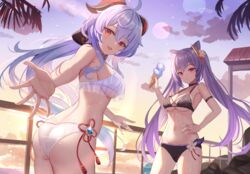  2girls absurdres ahoge ass bikini blue_hair breasts closed_mouth cone_hair_bun double_bun flower flower_knot food from_behind ganyu_(genshin_impact) genshin_impact goat_horns hair_bun hair_flower hair_ornament hand_on_own_hip highres holding holding_food horns ice_cream_cone keqing_(genshin_impact) large_breasts long_hair looking_at_viewer looking_back medium_breasts mirufuaa multiple_girls navel open_hand open_mouth outdoors outstretched_arm purple_hair red_eyes slime_(genshin_impact) smile standing stomach sunset swimsuit twintails very_long_hair vision_(genshin_impact) wet white_bikini white_flower 