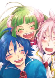  2boys :o ahoge ascot asmodeus_alice blue_hair blue_shirt blunt_bangs blush brooch closed_eyes demon_boy demon_girl fangs female green_hair hachicoro93 highres horns jewelry looking_at_another mairimashita!_iruma-kun multiple_boys open_mouth pink_hair pointy_ears red_eyes school_uniform sharp_teeth shirt simple_background smile suzuki_iruma sweatdrop teeth upper_body valac_clara white_ascot white_background 