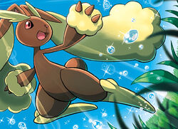  :d blue_sky bunny bunny_focus creature day full_body gen_4_pokemon grass happy jumping lopunny no_humans official_art open_mouth outdoors pokemon pokemon_(creature) pokemon_trading_card_game sakuma_sanosuke sky smile sunlight third-party_source water 