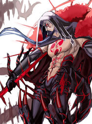  1boy abs absurdres asakou_(n_morninglight) bare_pectorals black_bodysuit black_gloves blue_hair bodysuit chest_tattoo cowboy_shot cu_chulainn_(fate) cu_chulainn_alter_(fate) cu_chulainn_alter_(third_ascension)_(fate) earrings elbow_gloves expressionless fate/grand_order fate_(series) gae_bolg_(fate) gloves hair_over_shoulder hair_strand highres holding holding_polearm holding_weapon hood jewelry long_hair looking_away male_focus monster_boy muscular muscular_male pectorals polearm profile red_eyes simple_background solo spear spikes standing tail tattoo veins veiny_arms weapon white_background 