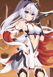  absurdres antenna_hair bare_shoulders black_gloves blue_eyes dress female gloves hair_between_eyes hair_ornament highres holding holding_sword holding_weapon honkai_(series) honkai_impact_3rd kiana_kaslana kiana_kaslana_(herrscher_of_flamescion) long_hair looking_at_viewer milira open_mouth ponytail solo sword teeth weapon white_dress white_hair 