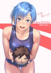  blue_eyes blue_hair blue_one-piece_swimsuit blush breasts character_doll character_request collarbone commentary_request doll female fire_emblem fire_emblem:_the_binding_blade happy_birthday highres holding holding_doll kilye_kairi large_breasts leaning_forward looking_at_viewer one-piece_swimsuit open_mouth shanna_(fire_emblem) short_hair smile solo swimsuit teeth upper_teeth_only 