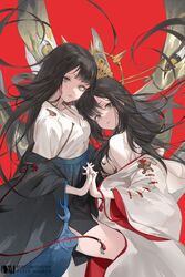  2girls bare_shoulders black_hair black_kimono breasts chinese_commentary commentary_request dm_(dai_miao) floating_hair from_side green_eyes hair_between_eyes hair_censor highres holding_hands japanese_clothes kimono kuusou_menreiki long_hair long_sleeves looking_at_viewer looking_to_the_side medium_breasts menreiki multiple_girls off_shoulder onmyoji open_clothes open_kimono parted_lips pixiv_id red_background shirt simple_background weibo_watermark white_kimono white_shirt wide_sleeves 