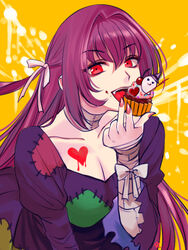  :d asakou_(n_morninglight) bandaged_arm bandages bow breasts cleavage cupcake eating fate/grand_order fate_(series) female food hair_intakes hairbow holding holding_food long_hair looking_at_viewer open_mouth purple_hair purple_shirt red_eyes scathach_(fate) shirt simple_background smile solo upper_body white_bow yellow_background 