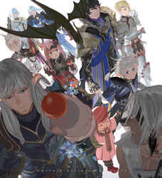  5boys 5girls adventurer_(ff14) alphinaud_leveilleur animal_ears archon_mark armor aymeric_de_borel black_hair blonde_hair blue_eyes cat_ears chainmail circlet closed_eyes dragon elezen elf emmmerald estinien_varlineau eyepatch facial_mark final_fantasy final_fantasy_xiv garlean green_eyes grey_hair hat haurchefant_greystone highres hyur lalafell long_hair lucia_junius midgardsormr_(final_fantasy) miqo&#039;te moogle multiple_boys multiple_girls neck_tattoo open_mouth pink_hair pointy_ears short_hair shoulder_armor sword tataru_taru tattoo thancred_waters warrior_of_light_(ff14) weapon whisker_markings white_background white_hair y&#039;shtola_rhul ysayle_dangoulain 