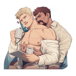  2boys bara beard black_male_underwear blonde_hair briefs brown_hair closed_eyes collared_shirt cradling_phone cup facial_hair grabbing grabbing_from_behind highres holding holding_cup kissing kissing_neck korean_commentary large_pectorals looking_at_another male_focus male_underwear multiple_boys muscular muscular_male nez nipples open_clothes open_shirt overwatch overwatch_1 pectoral_grab pectorals phone reaper_(overwatch) shirt short_hair soldier:_76_(overwatch) talking_on_phone underwear white_shirt yaoi 