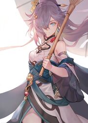  aqua_cape bare_shoulders bird_hair_ornament blue_eyes blue_hair cape china_dress chinese_clothes cleavage_cutout closed_mouth clothing_cutout commentary dress earrings english_commentary female fu_hua fu_hua_(azure_empyrea) grey_hair hair_ornament hair_over_one_eye hairpin hanfu high_ponytail highres holding holding_umbrella honkai_(series) honkai_impact_3rd jewelry long_hair looking_at_viewer oil-paper_umbrella paintbrush paintbrush_hair_ornament pleated_sleeves ponytail second-party_source shoulder_cutout simple_background sin_(btc86amme) single_earring smile solo tassel tassel_earrings umbrella white_background white_dress white_hanfu white_umbrella wide_sleeves yin_yang yin_yang_print 