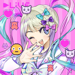  blue_hair blush bow bowtie chouzetsusaikawa_tenshi-chan decora emoji feline female gradient_hair grey_hair hairbow heart holographic_clothing long_hair multicolored_hair multiple_hair_bows needy_girl_overdose one_eye_closed pien_cat_(needy_girl_overdose) pink_background pink_hair purple_hair quad_tails rye-beer sailor_collar sailor_shirt shirt smile solo upper_body very_long_hair 