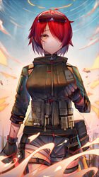  absurdres arknights bad_id bad_pixiv_id bare_legs binggong_asylum black_gloves black_jacket bleeding blood cowboy_shot crying crying_with_eyes_open dog_tags exusiai_(arknights) exusiai_(wild_operation)_(arknights) eyewear_on_head female glint gloves grey_shorts hair_over_one_eye halo highres holding holding_jewelry holding_necklace injury jacket jewelry looking_at_viewer necklace official_alternate_costume orange_eyes red_hair short_hair shorts solo sunglasses tactical_clothes tears 