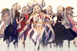  6+girls ball bare_shoulders beachball black_dress blue_eyes blush breasts cloak closed_eyes dated dress echo_(circa) fate/grand_order fate_(series) french_text grey_hair hair_ornament happy_birthday hat hood hooded_cloak large_hat long_hair long_sleeves maid_headdress marie_antoinette_(alter)_(fate) marie_antoinette_(alter)_(third_ascension)_(fate) marie_antoinette_(animejapan_2016)_(fate) marie_antoinette_(fate) marie_antoinette_(festival_outfit)_(fate) marie_antoinette_(formal_dress)_(fate) marie_antoinette_(swimsuit_caster)_(fate) marie_antoinette_(swimsuit_caster)_(second_ascension)_(fate) marie_antoinette_(third_ascension)_(fate) marie_antoinette_(under_the_same_sky)_(fate) multiple_girls multiple_persona official_alternate_costume open_mouth pink_dress red_cloak red_skirt skirt smile sparkle twintails very_long_hair white_background white_dress 