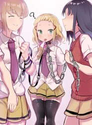  3girls ? animal_collar arm_behind_back bad_id bad_twitter_id black_hair black_thighhighs blonde_hair blush breasts buttons chain_leash chains closed_eyes closed_mouth collar collared_shirt commentary cowboy_shot faceless faceless_female facing_another food freckles green_eyes hair_ornament hairclip happy highres holding holding_chain holding_food holding_leash ice_cream ice_cream_cone inactive_account leash licking light_brown_hair long_hair loose_necktie medium_hair mima_sachi minami_koharu miniskirt multiple_girls necktie pleated_skirt purple_necktie red_sweater_vest school_uniform shirt shirt_tucked_in short_hair short_sleeves simple_background skindentation skirt smile standing straight_hair sweater_vest tanaka_mako thick_thighs thighhighs thighs tomato_cyuki tongue tongue_out untucked_shirt watashi_ga_motenai_no_wa_dou_kangaetemo_omaera_ga_warui! wavy_hair white_background white_shirt yellow_skirt 