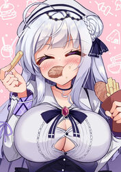  absurdres azur_lane blush breasts brooch bursting_breasts button_gap choker closed_eyes commission cygnet_(azur_lane) cygnet_(retrofit)_(azur_lane) eating female fish_(food) fish_and_chips food food_in_mouth food_on_face french_fries hair_bun hat highres imminent_wardrobe_malfunction jewelry large_breasts long_hair mikage_(shibi) mouth_hold no_bra oppai_loli single_side_bun skeb_commission solo undersized_clothes upper_body white_hair 