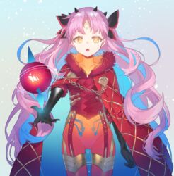  black_bow black_gloves blue_hair bodysuit bow breasts commentary_request crescent crescent_facial_mark elbow_gloves facial_mark fate/grand_order fate_(series) female forehead_mark fur_trim gloves hairbow highres horns ishtar_(fate) long_hair looking_at_viewer multicolored_hair oomori_(kswmr) open_mouth parted_bangs pink_hair red_bodysuit solo space_ishtar_(fate) space_ishtar_(third_ascension)_(fate) star-shaped_pupils star_(symbol) symbol-shaped_pupils two-tone_hair two_side_up yellow_eyes 