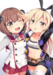  2girls ;d arm_up belt black_coat black_hairband black_shorts blonde_hair blush breasts brown_belt brown_eyes brown_hair buttons chestnut_mouth coat collar collarbone commentary cosplay cowboy_shot creator_connection crop_top double-breasted etou_kanami etou_kanami_(cosplay) groin hair_between_eyes hairband headgear highres kantai_collection long_hair look-alike looking_at_viewer midriff minoseki_gakuin_uniform multiple_girls navel neck_ribbon one_eye_closed open_clothes open_coat open_mouth red_collar red_skirt ribbon salute school_uniform shimakaze_(kancolle) short_hair short_shorts shorts side_slit sidelocks simple_background skirt small_breasts smile speaking_tube_headset standing teeth thighhighs toji_no_miko upper_teeth_only white_background white_legwear yasume_yukito yellow_ribbon yukikaze_(kancolle) zero_(zero_kara_hajimeru_mahou_no_sho) zero_(zero_kara_hajimeru_mahou_no_sho)_(cosplay) zero_kara_hajimeru_mahou_no_sho 