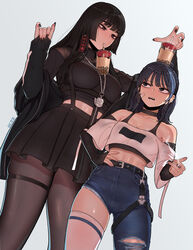  2girls absurdres angry asymmetrical_legwear bandaid bandaid_on_face bdpp beautiful_gunbari black_pantyhose breasts bubble_tea bubble_tea_challenge chae_heena character_request check_character cigarette crop_top cropped_shirt cup denim disposable_cup drink drinking drinking_straw drinking_straw_in_mouth earrings height_difference highres holding holding_cigarette jeans jewelry large_breasts medium_breasts multiple_girls object_on_breast object_on_head pants pantyhose park_so-lim single_thighhigh stud_earrings thighhighs 