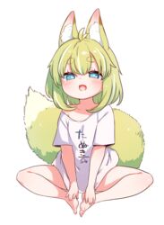  animal_ear_fluff animal_ears babalilo babalilo_(babalilo) bare_legs barefoot blue_eyes blush clothes_writing commentary_request feet female fox_ears fox_girl fox_tail hands_on_feet highres indian_style legs looking_at_viewer oerba_yun_fang off-shoulder_shirt off_shoulder open_mouth original shirt short_hair short_sleeves simple_background sitting smile solo t-shirt tail thick_eyebrows toes translation_request white_background white_shirt 