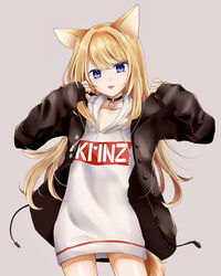  :p animal_ears blonde_hair blue_eyes chim_(dedechimly) dog_ears dog_tail female hood hood_down hoodie jacket kmnz long_hair long_sleeves mc_lita no_headwear no_pants sleeves_past_wrists solo tail tongue tongue_out virtual_youtuber 