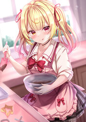  :q apron black_choker blonde_hair blush bow bowl bowtie choker closed_mouth commentary_request female frilled_apron frills gradient_hair hair_ribbon heterochromia highres holding holding_bowl holding_spatula hoshikawa_sara hoshikawa_sara_(4th_costume) indoors kitchen long_hair multicolored_hair nijisanji pink_apron pink_hair plaid plaid_skirt pleated_skirt red_bow red_bowtie red_eyes red_ribbon ribbon shirt skirt smile solo spatula tongue tongue_out twintails virtual_youtuber white_shirt window yellow_eyes yuano 