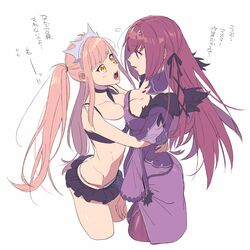  2girls arms_around_back bikini black_bikini black_choker black_ribbon breast_press breasts brown_hair choker cleavage collarbone commentary cowboy_shot cropped_legs detached_collar dress eye_contact face-to-face fate/grand_order fate_(series) feather_trim hair_ribbon headdress highres hug jewelry long_hair long_sleeves looking_at_another medb_(fate) medb_(swimsuit_saber)_(fate) medb_(swimsuit_saber)_(second_ascension)_(fate) medium_breasts multiple_girls open_mouth pantyhose pendant pink_hair purple_dress red_eyes ribbon scathach_(fate) scathach_skadi_(fate) sidelocks simple_background swimsuit symmetrical_docking tiara translation_request twintails two-tone_bikini white_background white_bikini yasutada43 yellow_eyes 