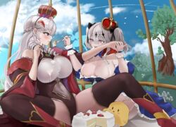  2girls algerie_(azur_lane) algerie_(red_queen&#039;s_decree)_(azur_lane) azur_lane bare_shoulders blush breasts cake cleavage crown drill_hair food framed_breasts hair_ornament highres hoyuring huge_breasts joffre_(azur_lane) joffre_(ensorcelled_snow_white)_(azur_lane) large_breasts manjuu_(azur_lane) multiple_girls navel official_alternate_costume ponytail simple_background smile thick_thighs thighhighs thighs 