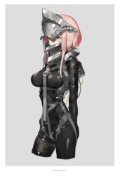  armor bodysuit breasts commentary cowboy_shot cropped_legs english_commentary falslander female gorget grey_background grey_eyes harness headgear iris_(neco) lanze_reiter_(neco) large_breasts neco pink_hair short_hair short_hair_with_long_locks sidelocks simple_background solo visor_(armor) visor_lift 