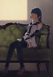  absurdres bare_shoulders between_legs black_gloves black_thighhighs blue_hair blush branch_(blackrabbits) closed_eyes couch elbow_gloves female gloves gradient_hair hand_between_legs highres kantai_collection knees_together_feet_apart long_hair multicolored_hair neckerchief non-web_source sailor_collar samidare_(kancolle) scan school_uniform serafuku shirt sitting sleeping sleeveless sleeveless_shirt solo swept_bangs thighhighs very_long_hair white_serafuku zettai_ryouiki 