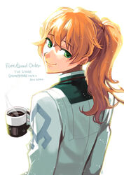  1boy absurdres asakou_(n_morninglight) closed_mouth coffee_mug copyright_name cup fate/grand_order fate_(series) from_behind green_eyes high_ponytail highres holding holding_cup long_hair looking_at_viewer looking_back male_focus mug orange_hair ponytail romani_archaman shirt simple_background smile solo upper_body white_background white_shirt 