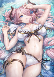  bikini blue_eyes breasts breasts_apart butterfly_earrings butterfly_ornament collarbone double_bun draph drop_earrings earrings female frilled_bikini frills granblue_fantasy hair_bun hair_over_one_eye highres horns jewelry large_breasts light_purple_hair long_hair looking_at_viewer lying narmaya_(granblue_fantasy) narmaya_(summer)_(granblue_fantasy) navel official_alternate_costume on_back outdoors parted_lips partially_submerged pointy_ears smile solo swimsuit thigh_strap wet white_bikini yuiko_(yuiyuiko_108) 