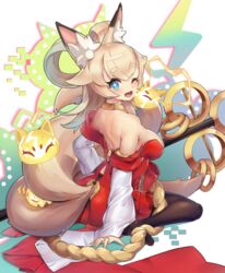  animal_ear_fluff animal_ears bare_shoulders black_pantyhose blonde_hair blue_eyes blush breasts commentary_request darudaruma_(joejoycoi) electricity female fox_ears fox_tail full_body hair_flaps hair_rings highres inaho_(world_flipper) long_hair long_sleeves looking_at_viewer looking_back medium_breasts medium_hair multiple_tails oerba_yun_fang one_eye_closed open_mouth pantyhose rope shimenawa sideboob sitting smile solo staff tail tail_through_clothes thick_eyebrows wariza world_flipper 