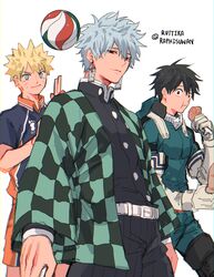  3boys absurdres alternate_costume ball belt black_eyes black_hair blonde_hair blue_eyes boku_no_hero_academia checkered_haori chicken_(food) chicken_leg cosplay crossover demon_slayer_uniform earrings eating facial_mark food gintama grey_hair haikyuu!! haori highres hinata_shouyou hinata_shouyou_(cosplay) japanese_clothes jewelry jumpsuit kamado_tanjirou kamado_tanjirou_(cosplay) kimetsu_no_yaiba male_focus midoriya_izuku midoriya_izuku_(cosplay) monkey_d._luffy multiple_boys naruto_(series) one_piece pants red_eyes ruttika_shin sakata_gintoki shirt shorts shounen_jump sportswear uniform uzumaki_naruto whisker_markings 