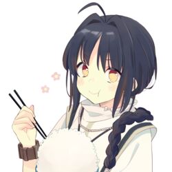  1other 87banana ahoge androgynous black_hair blush bowl braid brown_eyes chopsticks fate/samurai_remnant fate_(series) flower holding holding_chopsticks japanese_clothes jewelry long_bangs looking_at_viewer low_ponytail necklace rice_bowl single_braid solo white_background yamato_takeru_(fate) 