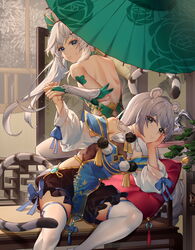  2girls animal_ears back bare_shoulders blue_eyes bronya_zaychik china_dress chinese_clothes closed_mouth couch dress fireworks gauntlets ginklaga grey_eyes grey_hair hand_on_own_cheek hand_on_own_face highres holding holding_umbrella honkai_(series) honkai_impact_3rd long_hair looking_at_viewer looking_back multiple_girls night night_sky oil-paper_umbrella sitting sky sleeveless sleeveless_dress smile tail theresa_apocalypse thighhighs tiger_ears tiger_tail umbrella white_hair white_legwear window 